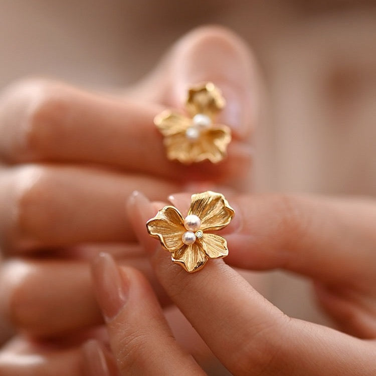 Golden Blossom Pearl Studs