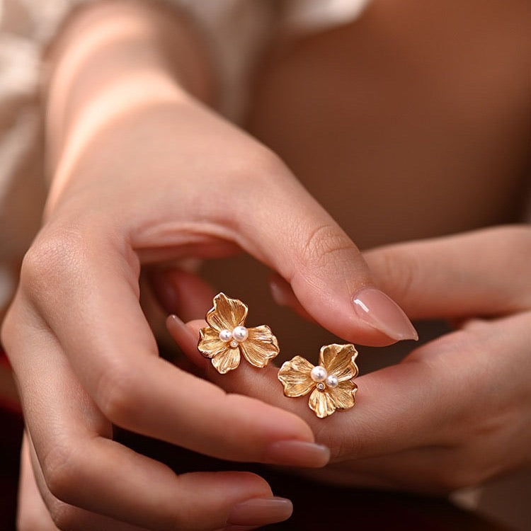 Golden Blossom Pearl Studs