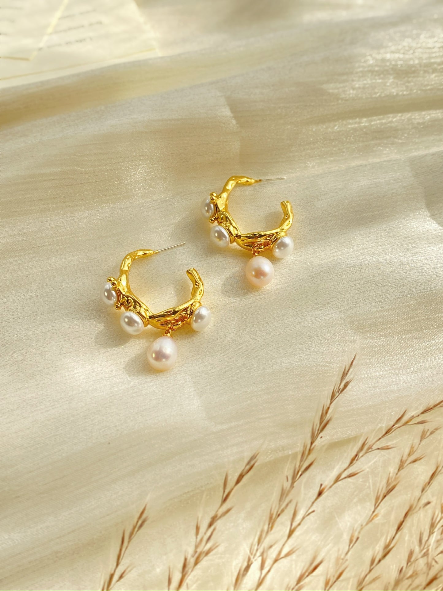 Baroque Gold Hoop Earrings With Freshwater Pearl Drops